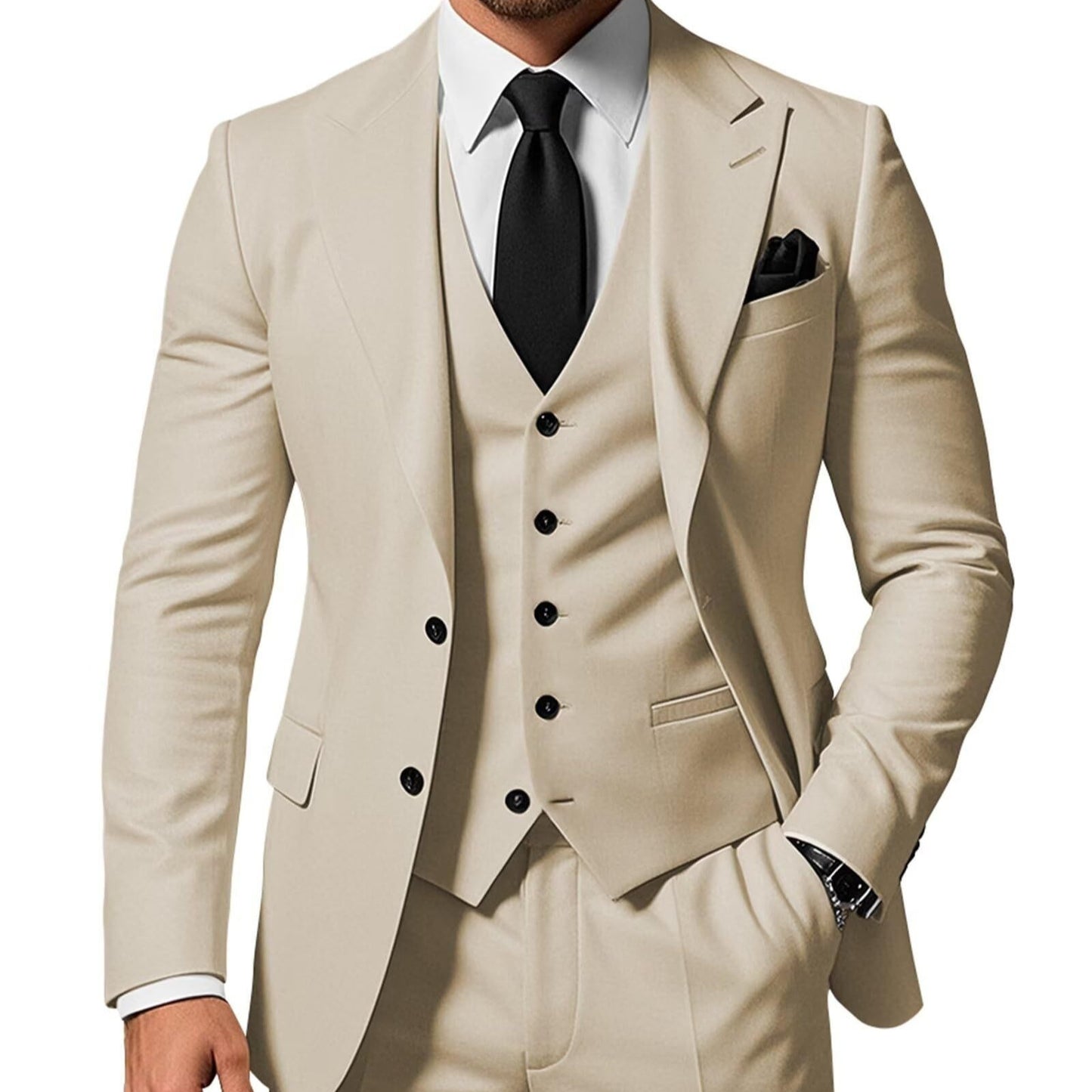 Men's Solid Color 2-piece Buckle Casual Jacket Vest Pants Set