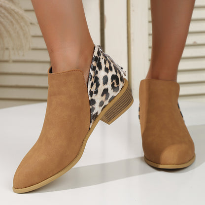 Fashion Leopard Print Boots Women Pointed Toe Chunky Heel Back Zipper Shoes - ARCHSHOPE