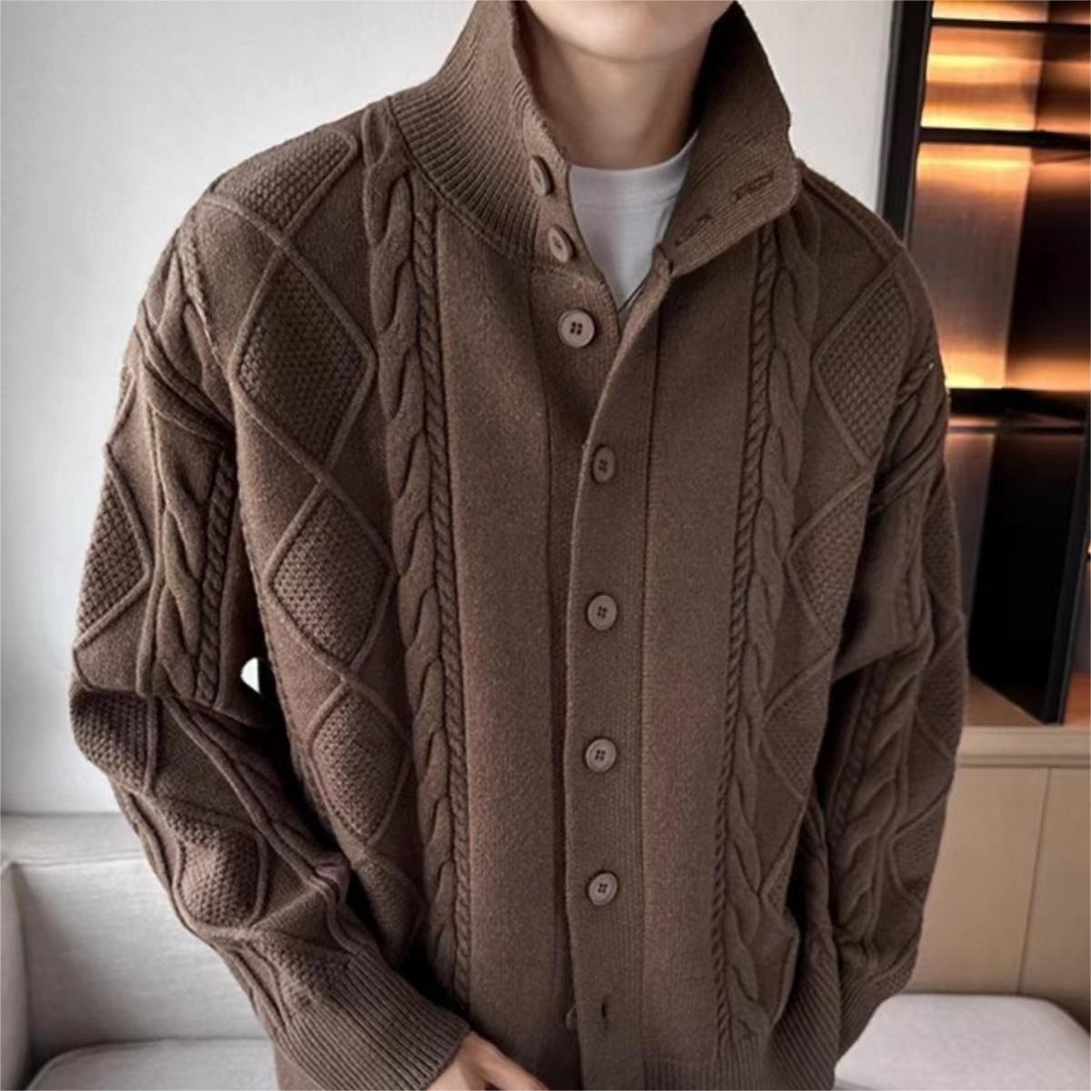 Einfarbiger prismatischer karierter Pullovermantel, lockerer All-Match-Revers, langärmelige Strickjacke
