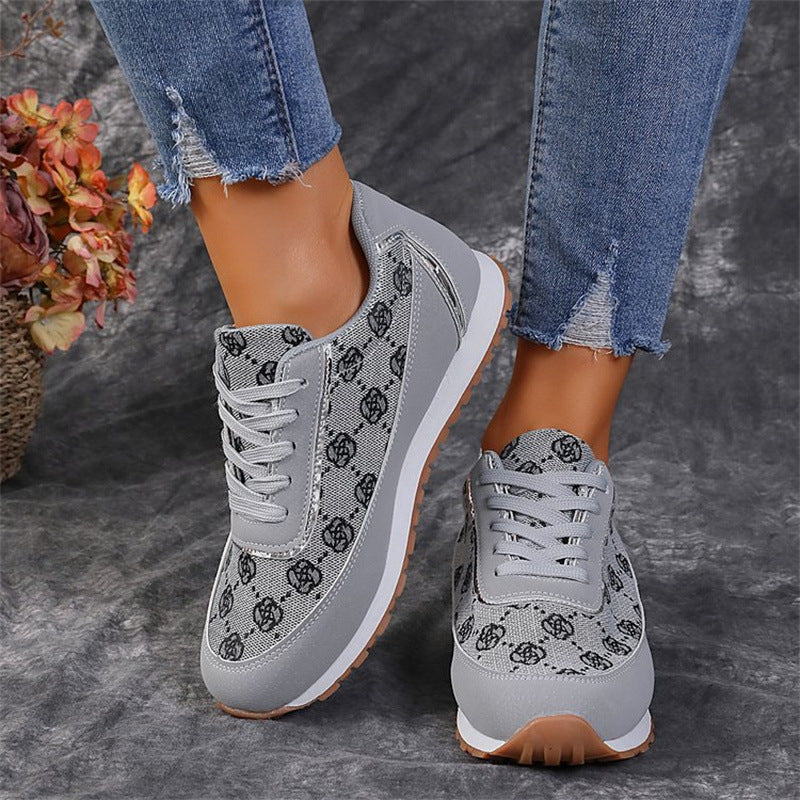 Flower Print Lace-up Sneakers Casual Fashion Lightweight Breathable Walking Running Sports Shoes Women Flats - ARCHSHOPE