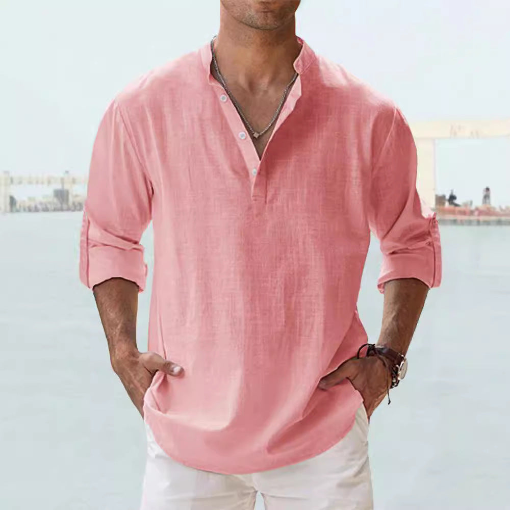 Men's Linen Stand-up Collar Long Sleeve T-shirt Loose Undershirt - ARCHSHOPE
