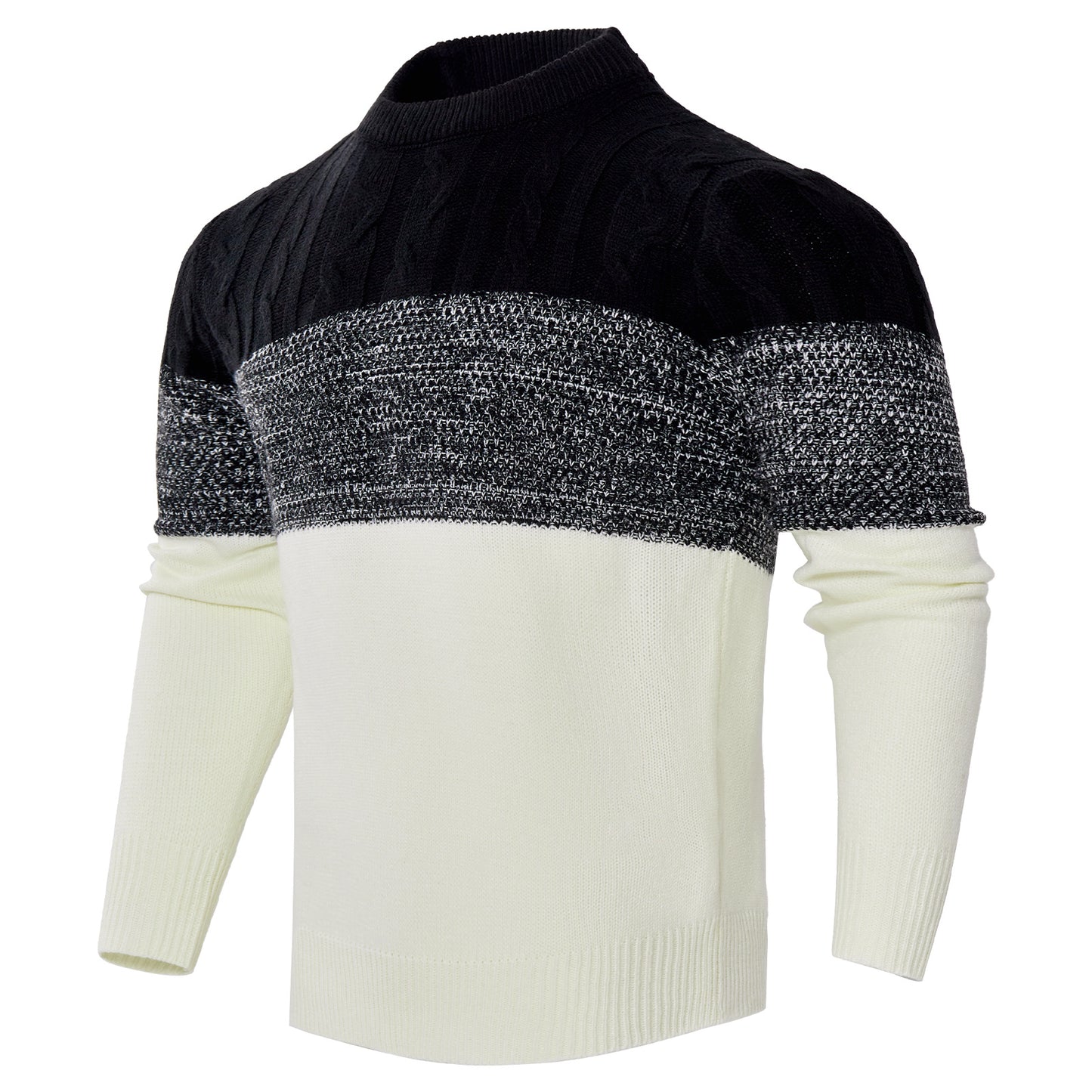 Men's Casual Color Block Long Sleeve Cable Knit Pullover Sweater - ARCHSHOPE