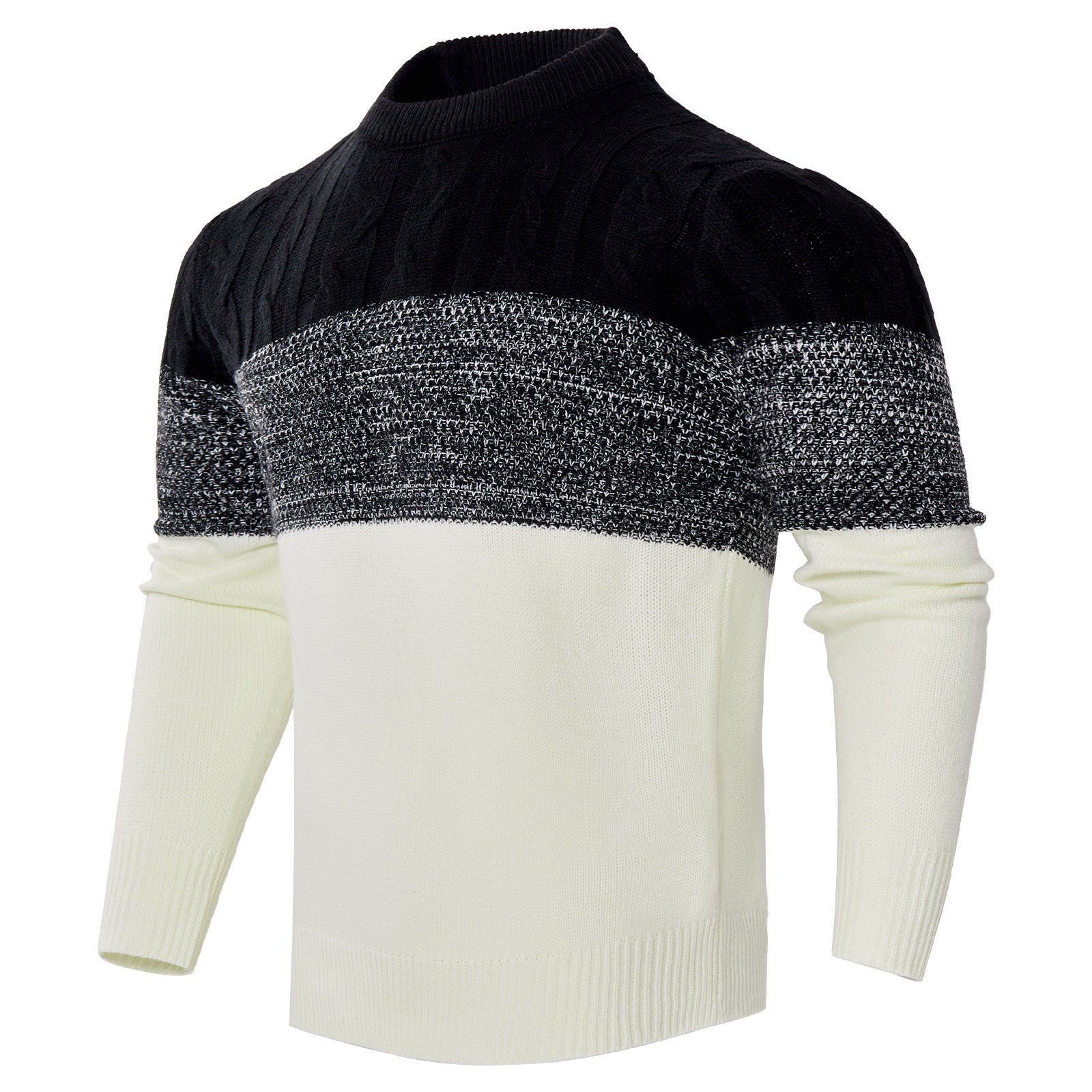 Men's Casual Color Block Long Sleeve Cable Knit Pullover Sweater - ARCHSHOPE