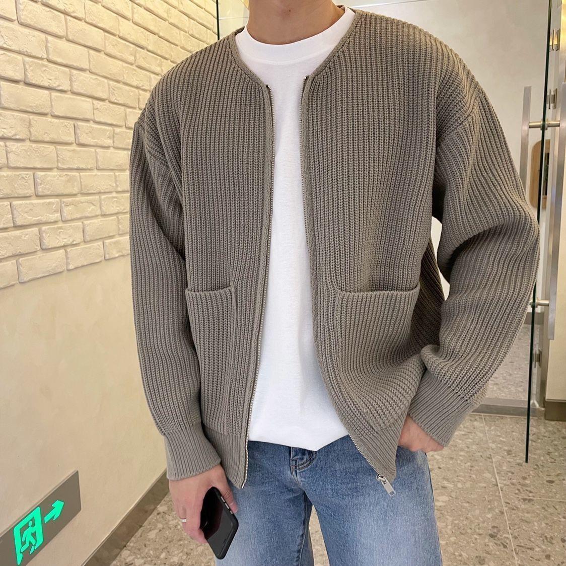 Herren-Strickjacke mit Reißverschluss, gefüttert, Trichterhals, Pullover, Taschen, Mantel, für alle Jahreszeiten, bequem, weich, lange Ärmel