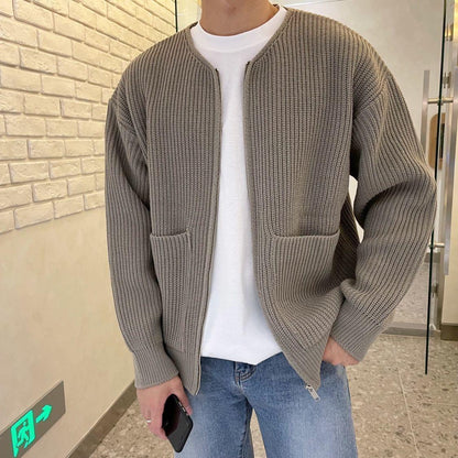Herren-Strickjacke mit Reißverschluss, gefüttert, Trichterhals, Pullover, Taschen, Mantel, für alle Jahreszeiten, bequem, weich, lange Ärmel
