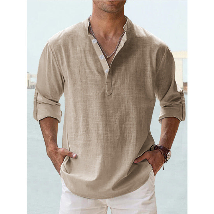 Men's Linen Stand-up Collar Long Sleeve T-shirt Loose Undershirt - ARCHSHOPE