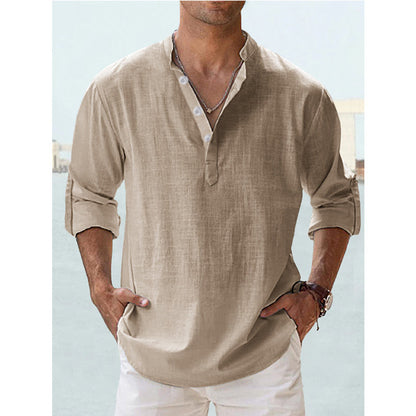 Men's Linen Stand-up Collar Long Sleeve T-shirt Loose Undershirt - ARCHSHOPE