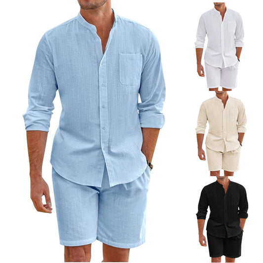 Men's Summer Two-piece Polyester Button Shirt Long Sleeve Shorts - ARCHSHOPE