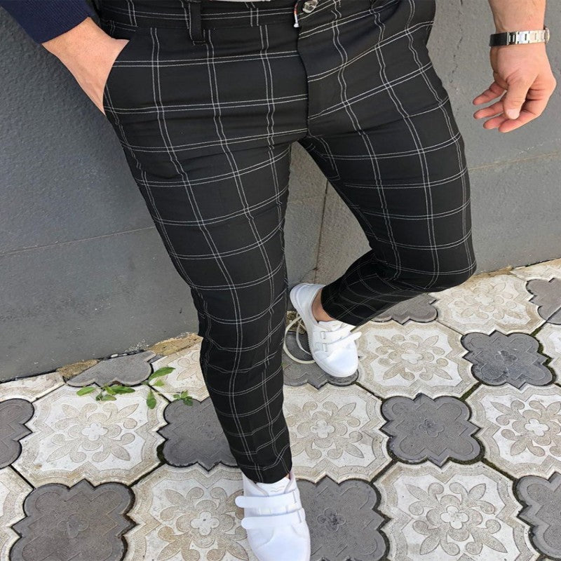 Frühling und Herbst Slim Fit Herren Business Casual Hosen Lange Hosen 3D Plaid