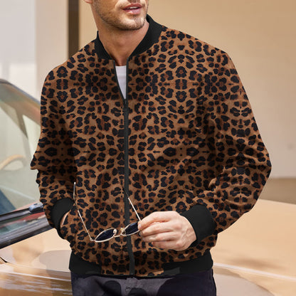 Herbst Vintage Leopard Print Muster Herren Reißverschlussjacke Fleecegefüttert Langarmmantel