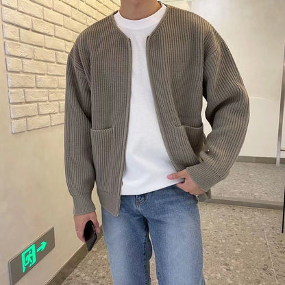 Herren-Strickjacke mit Reißverschluss, gefüttert, Trichterhals, Pullover, Taschen, Mantel, für alle Jahreszeiten, bequem, weich, lange Ärmel