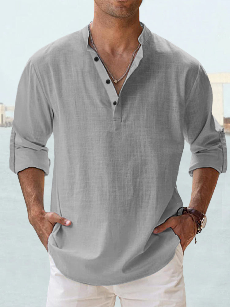 Men's Linen Stand-up Collar Long Sleeve T-shirt Loose Undershirt - ARCHSHOPE