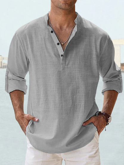 Men's Linen Stand-up Collar Long Sleeve T-shirt Loose Undershirt - ARCHSHOPE