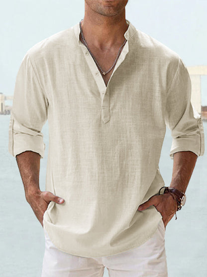 Men's Linen Stand-up Collar Long Sleeve T-shirt Loose Undershirt - ARCHSHOPE