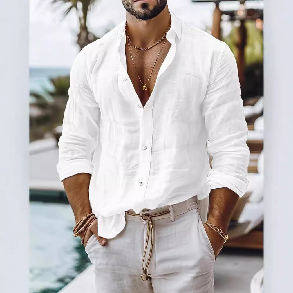 Men's Solid Color Cotton Linen Shirt Casual Style Long Sleeve - ARCHSHOPE