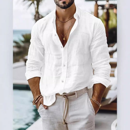 Men's Solid Color Cotton Linen Shirt Casual Style Long Sleeve - ARCHSHOPE