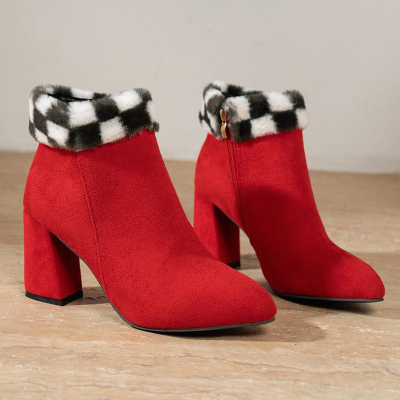 New Plaid Print Plush Ankle Boots Winter Fashoin Square Heel Suede Boots Women Casual Versatile Shoes Autumn And Winter - ARCHSHOPE