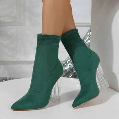 New Crystal Heel Boots Fashion High-heeled Party Shoes For Women Elastic Mid-calf Slim-foot Boots Autumn And Winter - ARCHSHOPE