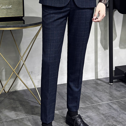 Herren Plaid High-End-Anzughose Korean Slim Straight Casual Pants